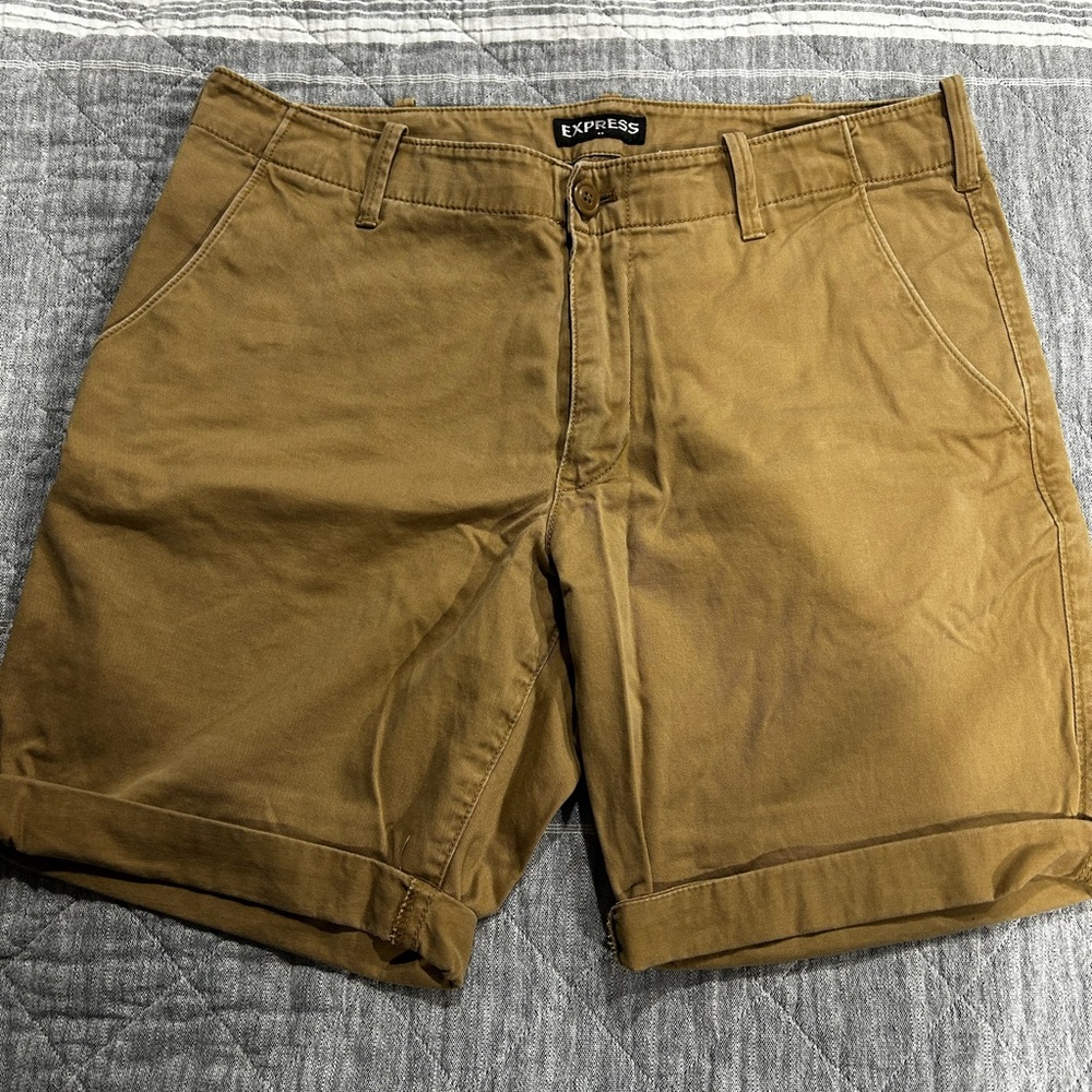 Express Tan Flat Front Shorts for Casual Style